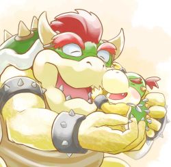 Rule 34 | 2boys, armlet, bandana, bowser, bowser jr., bracelet, chamaji, claws, commentary request, closed eyes, fangs, father and son, holding person, horns, jewelry, mario (series), multiple boys, nintendo, no humans, open mouth, red hair, sharp teeth, shell, short hair, simple background, smile, spiked armlet, spiked bracelet, spiked shell, spikes, teeth