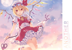 Rule 34 | 1girl, 6u (eternal land), ascot, bad id, bad pixiv id, blonde hair, bloomers, cloud, flandre scarlet, full moon, hat, hat ribbon, laevatein, looking at viewer, mob cap, moon, open mouth, petals, petticoat, puffy sleeves, red eyes, ribbon, shirt, short sleeves, side ponytail, skirt, skirt set, smile, solo, sunset, touhou, underwear, vest, wings, wrist cuffs