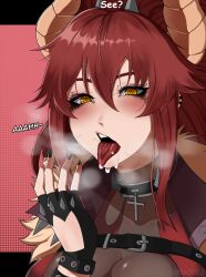 Rule 34 | 1girl, absurdres, after fellatio, black gloves, cross, cum, cum in mouth, dragon girl, dragon horns, english text, fingerless gloves, gloves, gokkun, hand to own mouth, highres, horns, jsq012, makeup, nail polish, open mouth, ponytail, red hair, solo, steam, stray pubic hair, teeth, virtual youtuber, vshojo, yellow eyes, zentreya