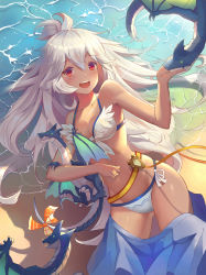 Rule 34 | 1girl, ahoge, bare arms, bare shoulders, beach, bikini, blue skirt, breasts, collarbone, commentary request, dark-skinned female, dark skin, day, dragon, feet out of frame, flower, front-tie bikini top, front-tie top, granblue fantasy, hair between eyes, highres, laughing, legs, leilin, long hair, looking at viewer, lying, medium breasts, ocean, on back, open mouth, outdoors, red eyes, sand, side-tie bikini bottom, skirt, solo, swimsuit, tan, thighs, water, white bikini, white hair, zooey (granblue fantasy), zooey (summer) (granblue fantasy)