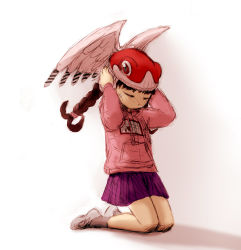 Rule 34 | 1girl, alien, alien nine, borg (alien nine), braid, brown hair, closed eyes, creator connection, crossover, drill, madotsuki, pink shirt, shirt, simple background, skirt, solo, sweater, tomatomatotto, wings, yume nikki