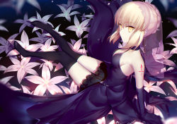 Rule 34 | 1girl, artoria pendragon (all), artoria pendragon (fate), bare shoulders, black dress, black gloves, black thighhighs, blonde hair, breasts, dress, elbow gloves, fate/grand order, fate/stay night, fate (series), flower, gloves, looking at viewer, saber (fate), saber alter, sideboob, sitting, sleeveless, sleeveless dress, solo, thighhighs, wu (4401153), yellow eyes