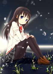 Rule 34 | 10s, 1girl, 53c, akemi homura, black hair, black hairband, blush, brown footwear, cherry blossoms, female focus, hairband, highres, loafers, long hair, looking at viewer, looking to the side, mahou shoujo madoka magica, mahou shoujo madoka magica (anime), night, night sky, pantyhose, parted lips, plaid, plaid skirt, pleated skirt, purple eyes, ray-en, rei-en, school uniform, shoes, sitting, skirt, sky, solo