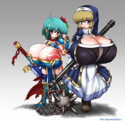 Rule 34 | 2girls, armor, breasts, flail, gigantic breasts, gradient background, kyosuke fujiwara, multiple girls, sword, tagme, weapon