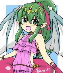 Rule 34 | 1girl, bare shoulders, bracelet, dragon wings, fire emblem, fire emblem: mystery of the emblem, fire emblem heroes, green eyes, green hair, jewelry, long hair, nintendo, open mouth, pink one-piece swimsuit, pointy ears, ponytail, red ribbon, ribbon, solo, swimsuit, tiki (fire emblem), tiki (young) (fire emblem), twitter username, wings, yukia (firstaid0)
