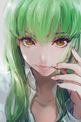 Rule 34 | 1girl, c.c., code geass, collarbone, creayus, gradient background, green hair, lips, long hair, looking at viewer, parted lips, portrait, shirt, smile, solo, white shirt, yellow eyes