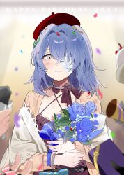 Rule 34 | 1girl, 3others, birthday cake, blue flower, blue hair, blurry, blurry foreground, bouquet, brown cardigan, cake, cardigan, choker, closed mouth, commentary request, confetti, dated, dress, english text, eyepatch, flower, food, grey eyes, happy birthday, hat, hecate (path to nowhere), hecate (yesterday revisits) (path to nowhere), highres, holding, holding bouquet, korean commentary, long hair, looking at viewer, multiple others, one eye closed, party popper, path to nowhere, purple choker, purple dress, red hat, sappazell, smile, solo focus, upper body