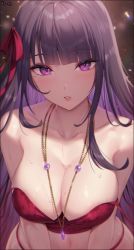 Rule 34 | 1girl, absurdres, artist name, bare shoulders, blunt bangs, breasts, c.honey, camisole, cleavage, genshin impact, hair ribbon, highres, jewelry, large breasts, long hair, looking at viewer, mole, mole under eye, necklace, parted lips, purple eyes, purple hair, raiden shogun, red camisole, red ribbon, ribbon, solo, strap slip, upper body