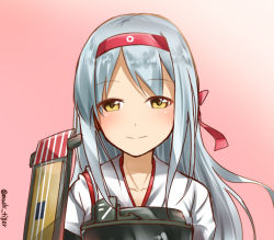 Rule 34 | 10s, 1girl, blush, brown eyes, flight deck, headband, japanese clothes, kantai collection, long hair, looking at viewer, max melon, muneate, pink hair, shoukaku (kancolle), silver hair, smile, solo, twitter username, upper body
