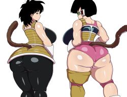 Rule 34 | 2girls, armor, ass, bare shoulders, black hair, breasts, dragon ball, dragon ball minus, dragonball z, fasha, full power elbow, gine, gloves, huge ass, huge breasts, large breasts, looking back, monkey tail, multiple girls, scouter, seripa, short hair, sideboob, simple background, tail, thick thighs, thighs, white background, white gloves