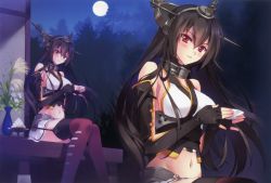 Rule 34 | 10s, 1girl, absurdres, black hair, brown eyes, carnelian, cup, dango, food, full moon, garter straps, headgear, highres, holding, huge filesize, kantai collection, long hair, looking at viewer, mochi, moon, nagato (kancolle), navel, night, night sky, parted lips, pleated skirt, sakazuki, sitting, skirt, sky, solo, tree, vase, wagashi, wind, zoom layer