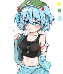 Rule 34 | 1girl, between breasts, black tank top, blue eyes, blue hair, blue skirt, blush, breasts, commentary request, covered erect nipples, cowboy shot, flat cap, hair between eyes, hair bobbles, hair ornament, hat, highres, hot, jewelry, kawashiro nitori, key, key necklace, large breasts, long bangs, long sleeves, looking at viewer, midriff, navel, necklace, no bra, omugiri, open clothes, open mouth, open shirt, short hair, short twintails, simple background, skirt, skirt set, solo, sweat, tank top, touhou, twintails, two side up, white background
