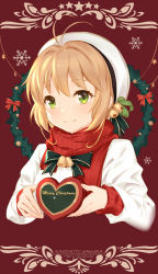 Rule 34 | 1girl, antenna hair, bell, beret, blush, bow, box, cangkong, cardcaptor sakura, character name, closed mouth, cropped torso, green ribbon, hair bell, hair ornament, hat, heart-shaped box, highres, jingle bell, kinomoto sakura, long sleeves, looking at viewer, merry christmas, neck ribbon, red background, red bow, red scarf, ribbon, scarf, short hair, simple background, sleeves past wrists, smile, snowflakes, solo, star (symbol), tareme, upper body, watermark, web address, wreath