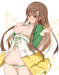 Rule 34 | 10s, 1girl, amagi brilliant park, blush, breasts, breasts out, brown eyes, brown hair, fairy wings, female pubic hair, hair ornament, koborii (amaburi), large breasts, long hair, looking at viewer, navel, nipples, panties, parted lips, pubic hair, pubic hair peek, simple background, solo, standing, underwear, white background, wings, yaman (yamanta lov)
