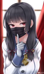 Rule 34 | 1girl, bad id, bad pixiv id, black hair, blue sailor collar, buttons, collarbone, curtains, gloves, highres, ibuki grunt, isokaze (kancolle), kantai collection, long hair, long sleeves, mask, mouth mask, red eyes, sailor collar, school uniform, serafuku, solo, twitter username, upper body, white gloves, window