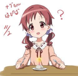 Rule 34 | 1girl, :d, ?, bad id, bad twitter id, blush, candle, collarbone, collared dress, commentary request, dated, dress, flat chest, food, fork, gochuumon wa usagi desu ka?, hair ornament, hair scrunchie, head tilt, holding, holding fork, holding spoon, long hair, long sleeves, looking at viewer, mochi, natsu megumi, open mouth, parted bangs, pink dress, plate, red eyes, red hair, red star (toranecomet), ribbon-trimmed collar, ribbon trim, scrunchie, smile, solo, spoon, table, twintails, upper body, wagashi, wavy hair, white background