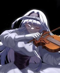 Rule 34 | 1girl, 3di project, black background, blunt bangs, closed mouth, dress, gloves, glowing, highres, holding instrument, holding violin, instrument, light purple hair, long hair, long sleeves, maichle (mai chle30), marcheline, music, playing instrument, puffy long sleeves, puffy sleeves, solo, violin, virtual youtuber, white dress
