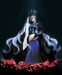 Rule 34 | 1girl, absurdres, black background, black dress, black gloves, black thighhighs, blue eyes, closed mouth, commentary, crossed legs, crown, detached sleeves, dress, fate/grand order, fate (series), gloves, grey hair, hair between eyes, highres, long hair, looking at viewer, morgan le fay (fate), morgan le fay (queen of winter) (fate), petals, sitting, solo, spikes, strapless, strapless dress, thighhighs, typtypss, veil, very long hair