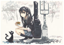 Rule 34 | 1girl, bag charm, black cat, black hair, black socks, blue skirt, brown eyes, cat, charm (object), dress, earphones, food, guitar case, imoman, instrument case, k-on!, kneehighs, long hair, looking at viewer, looking down, muted color, nakano azusa, open collar, pink hair, pleated skirt, sandwich, school uniform, shoes, skirt, sleeves rolled up, smile, sneakers, socks, solo, squatting, twintails