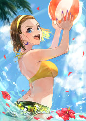Rule 34 | 1girl, :d, absurdres, arms up, ball, bare arms, beachball, bearo, bikini, blue eyes, blue sky, breasts, brown hair, cloud, day, earrings, flower, hairband, halterneck, hibiscus, highres, jewelry, medium breasts, meitantei conan, nail polish, open mouth, outdoors, petals, purple nails, red flower, ribbon, short hair, shoulder blades, sky, smile, solo, summer, sunlight, suzuki sonoko, swimsuit, wading, yellow bikini, yellow hairband, yellow ribbon