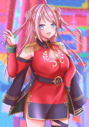 Rule 34 | 1girl, absurdres, ahoge, birthday, breasts, china dress, chinese clothes, cleavage, cleavage cutout, clothing cutout, commentary, detached sleeves, double bun, dress, earrings, english commentary, hair bun, highres, jewelry, large breasts, long hair, love live!, love live! nijigasaki high school idol club, meimaru, mole, mole under eye, pink hair, sidelocks, smile, solo, upper body, zhong lanzhu