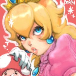 Rule 34 | 1girl, blonde hair, blue eyes, blush, breasts, crown, dress, earrings, elbow gloves, gem, gloves, hair between eyes, hand to own mouth, heart, heart-shaped pupils, jewelry, long hair, lowres, mario (series), medium breasts, mini crown, nintendo, pink dress, princess peach, puckered lips, puffy short sleeves, puffy sleeves, short sleeves, solo, super mario bros. 1, symbol-shaped pupils, teko (tawake), toad (mario), upper body, white gloves