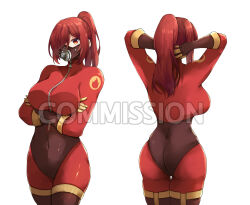 1girl absurdres arms_behind_head arms_under_breasts ass bodysuit breasts commission genderswap genderswap_(otf) gloves highres impossible_bodysuit impossible_clothes kwkunai large_breasts latex latex_bodysuit long_hair looking_at_viewer multiple_views ponytail pyro_(tf2) red_bodysuit red_eyes red_gloves red_hair red_pyro_(tf2) simple_background team_fortress_2 white_background zipper zipper_pull_tab