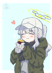 Rule 34 | 1girl, absurdres, artist logo, baked potato, baseball cap, black scarf, blue archive, blush, closed eyes, closed mouth, eating, food, green halo, green jacket, grey hair, halo, hare (blue archive), hare (camp) (blue archive), hat, heart, highres, holding, holding food, hood, hood down, hooded jacket, jacket, long hair, long sleeves, oekaki onigiri, open clothes, open jacket, ponytail, roasted sweet potato, scarf, smile, solo, sweet potato, upper body, white hat