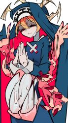 1girl blonde_hair cross cross_necklace cxdotchison double_(skullgirls) drooling extra_mouth fingernails habit jewelry long_fingernails looking_at_viewer monster_girl necklace nun palms_together praying red_eyes sharp_teeth skullgirls smile solo teeth