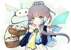 Rule 34 | 1girl, absurdres, ahoge, ascot, baozi, bare shoulders, benghuai 7, bucket, food, green eyes, hair ornament, hair rings, headphones, highres, long hair, long sleeves, looking at viewer, luo tianyi, monster, ribbon, simple background, solid oval eyes, solo, tareme, tian dian, twintails, vocaloid, wings