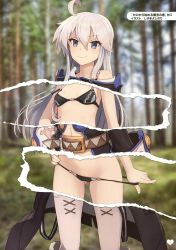 Rule 34 | 1girl, absurdres, ahoge, bare shoulders, belt, black bra, black panties, blurry, boots, bra, breasts, closed mouth, coat, cowboy shot, day, depth of field, fingernails, forest, gluteal fold, hair between eyes, hand on own hip, highres, long hair, looking at viewer, nature, outdoors, page number, page tear, panties, panty pull, pink hair, pink thighhighs, purple eyes, revealing layer, scan, shizuma yoshinori, small breasts, smile, solo, standing, thighhighs, tree, underwear, zero (zero kara hajimeru mahou no sho), zero kara hajimeru mahou no sho