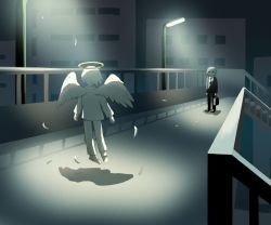 Rule 34 | 1boy, 1other, angel wings, avogado6, black jacket, black pants, business suit, colored skin, commentary request, feathered wings, floating, formal, from behind, grey hair, halo, holding, holding suitcase, jacket, lamppost, night, original, outdoors, overpass, pants, shirt, suit, suitcase, white hair, white pants, white shirt, white skin, white wings, wings