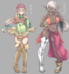 Rule 34 | 1girl, :o, asymmetrical footwear, bad id, bad pixiv id, bare shoulders, blonde hair, blush, boots, bracelet, breasts, cleavage, cleavage cutout, clothes lift, clothing cutout, collarbone, covering privates, covering crotch, dark-skinned female, dark elf, dark skin, elf, embarrassed, eye contact, fishnet thighhighs, fishnets, gloves, green eyes, green shirt, hand on own hip, hat, high heels, hip focus, jewelry, large breasts, lips, long hair, looking at another, looking at viewer, midriff, mismatched footwear, mole, naughty face, navel, original, pointy ears, shiny skin, shirt, sian, skindentation, skirt, skirt lift, solo focus, standing, sweater, thick lips, thick thighs, thigh boots, thighhighs, thighs, translated, white hair, white thighhighs, wind, wind lift