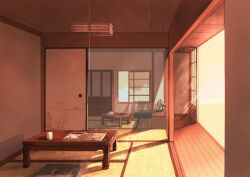 Rule 34 | book, commentary request, cup, cupboard, electric fan, highres, lamp, newspaper, no humans, original, shouji, sliding doors, sunlight, table, tatami, tissue box, tokoame