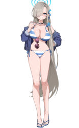 Rule 34 | 1girl, absurdres, asuna (blue archive), bikini, black choker, blue archive, blue bikini, blue jacket, blue nails, blue ribbon, breasts, choker, commentary, feet, flip-flops, full body, grey hair, hair ornament, hair over one eye, hair ribbon, hair scrunchie, halo, hand on own hip, hand up, highres, huge breasts, jacket, legs, long hair, long sleeves, looking at viewer, nail polish, navel, off shoulder, open clothes, open jacket, parted bangs, pizzasi, ribbon, sandals, scrunchie, shadow, shiny skin, side-tie bikini bottom, sidelocks, solo, standing, striped bikini, striped clothes, swimsuit, thighs, toenail polish, toenails, toes, very long hair, white bikini
