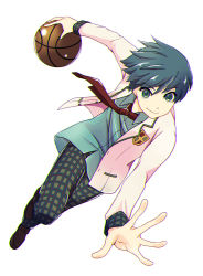 Rule 34 | 1boy, ball, basketball, basketball (object), blazer, blue hair, blue shirt, dribbling (basketball), fayt leingod, green eyes, jacket, looking at viewer, male focus, necktie, official alternate costume, pants, red necktie, school uniform, shirt, short hair, smile, star ocean, star ocean till the end of time, striped clothes, striped pants, white background, white jacket, yuiki wakana