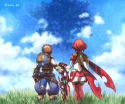 Rule 34 | 1boy, 1girl, aegis sword (xenoblade), animated, black hair, bodysuit, crotchless, crotchless pants, day, field, fingerless gloves, gloves, hair ornament, kutta, lowres, outdoors, pants, pyra (xenoblade), red hair, rex (xenoblade), short hair, sky, sword, tree, video, weapon, xenoblade chronicles (series), xenoblade chronicles 2