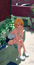 Rule 34 | 1girl, absurdres, asymmetrical bangs, blonde hair, bottle, cigarette, cigarette pack, clenched teeth, crocs, highres, holding, holding bottle, holding cigarette, leaning forward, lighter, looking at viewer, original, outdoors, red eyes, short hair, sitting, smile, solo, some1else45, teeth, white footwear
