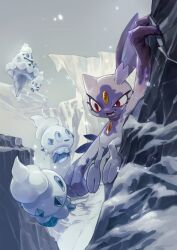 Rule 34 | :d, amehatobook, claws, climbing, commentary request, creatures (company), eyelashes, game freak, gen 5 pokemon, hisuian sneasel, nintendo, no humans, open mouth, outdoors, pokemon, pokemon (creature), red eyes, sky, smile, snow, snowing, vanillish, vanillite
