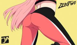 Rule 34 | 1girl, ass, back, character name, darling in the franxx, head out of frame, j adsen, long hair, midriff, pink hair, simple background, solo, sports bra, sportswear, straight hair, zero two (darling in the franxx)