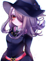 Rule 34 | 1girl, dress, hair over one eye, hat, light purple hair, little witch academia, long dress, long hair, pink hair, red eyes, smile, solo, sucy manbavaran, teeth, witch hat