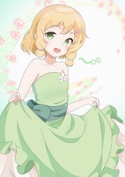Rule 34 | 1girl, :d, bare arms, bare shoulders, beamed eighth notes, blonde hair, blush, bow, collarbone, dress, eighth note, flower, frilled dress, frills, green background, green dress, green eyes, hair flower, hair ornament, hairclip, highres, inubouzaki itsuki, looking at viewer, musical note, open mouth, pink flower, quarter note, round teeth, salmon rise0141, sash, short hair, skirt hold, smile, solo, strapless, strapless dress, teeth, upper teeth only, white background, yuuki yuuna wa yuusha de aru, yuusha de aru