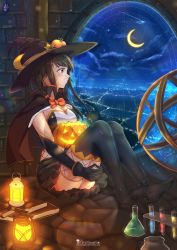 Rule 34 | 1girl, absurdres, bad id, bad pixiv id, book, bow, braid, breasts, brown eyes, brown hair, capelet, chinchongcha, cleavage, crescent moon, elbow gloves, flask, gloves, hair bow, hat, highres, indoors, jack-o&#039;-lantern, lamp, long hair, looking away, moon, night, night sky, original, sitting, sky, solo, star (sky), starry sky, test tube, thighhighs, window, witch hat