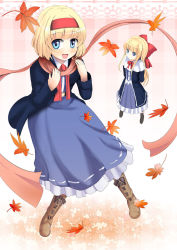 Rule 34 | 1girl, a (aaaaaaaaaaw), alice margatroid, arms behind back, autumn leaves, belt, blonde hair, blue dress, blue eyes, boots, bow, capelet, coat, dress, hair bow, hairband, jacket, long sleeves, matching shanghai, open clothes, open coat, open jacket, open mouth, scarf, shanghai doll, shirt, skirt, smile, touhou