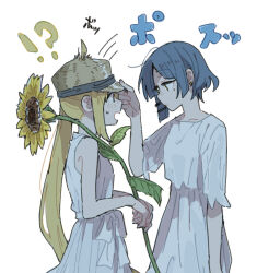 Rule 34 | !?, 2girls, blonde hair, blue hair, blush, bocchi the rock!, brown headwear, closed mouth, dress, earrings, flower, hat, holding, holding flower, ijichi nijika, jewelry, long hair, looking at another, mole, mole under eye, multiple girls, open mouth, ree (re-19), short hair, short sleeves, simple background, sleeveless, sleeveless dress, straw hat, sunflower, sweatdrop, white background, white dress, yamada ryo, yellow eyes