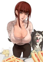Rule 34 | 1girl, absurdres, arms behind back, bag, bite mark, black pants, braid, braided ponytail, breasts, butter, chainsaw man, cleavage, collared shirt, commentary, dog, dress shirt, english commentary, eyelashes, food, hanging breasts, heavy breathing, highres, husky, leaning forward, long hair, long sleeves, looking at viewer, low ponytail, makima (chainsaw man), mamimi (mamamimi), nostrils, pants, parted lips, plastic bag, red lips, ringed eyes, shirt, shirt tucked in, shopping basket, sidelocks, simple background, sweat, too many, veins, veiny breasts, white background, white shirt