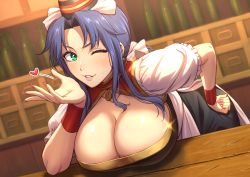 Rule 34 | ;), absurdres, armlet, bent over, blowing kiss, blush, bottles, bracelet, breast rest, breasts, breasts on table, cleavage, collar, counter, cynthia (ys), desk, dress, eye contact, falcom, female focus, fingernails, green eyes, hair ribbon, hand on own hip, hat, heart, highres, huge breasts, jewelry, large breasts, leaning forward, lips, lipstick, long fingernails, long hair, looking at another, looking at viewer, makeup, merchant, mini hat, nail polish, nails, necklace, one eye closed, oyaji-sou, parted lips, ponytail, puffy sleeves, purple hair, ribbon, shop, skirt, smile, table, wink, ys