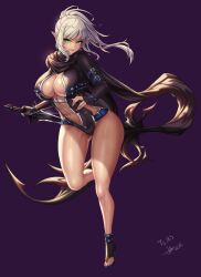 Rule 34 | 1girl, black leotard, black scarf, breasts, center opening, cleavage, curvy, dark-skinned female, dark skin, dungeon and fighter, elf, green eyes, grey hair, high heels, highres, holding, holding sword, holding weapon, large breasts, legs, leotard, long hair, mad kimo, original, parted lips, pointy ears, ponytail, purple background, scarf, simple background, solo, sword, thick thighs, thighs, weapon