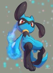 Rule 34 | closed mouth, commentary, creatures (company), energy, frown, full body, game freak, gen 4 pokemon, grey background, highres, looking at viewer, nintendo, nullma, pokemon, pokemon (creature), red eyes, riolu, signature, solo, toes