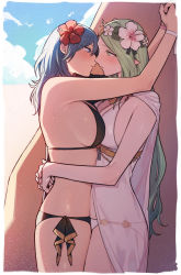 Rule 34 | 2girls, arms around neck, arms around waist, bikini, black bikini, blue eyes, blue hair, blush, border, breast press, breasts, byleth (female) (fire emblem), byleth (female) (summer) (fire emblem), byleth (fire emblem), cleavage, cloud, commentary request, day, eye contact, fire emblem, fire emblem: three houses, fire emblem heroes, flower, from side, green eyes, green hair, hair between eyes, hair flower, hair ornament, head wreath, hibiscus, highres, ikarin, imminent kiss, large breasts, long hair, looking at another, multiple girls, nintendo, official alternate costume, outdoors, parted lips, pink flower, pointy ears, profile, red flower, rhea (fire emblem), see-through, sky, sweat, swimsuit, symmetrical docking, very long hair, white bikini, white border, yuri